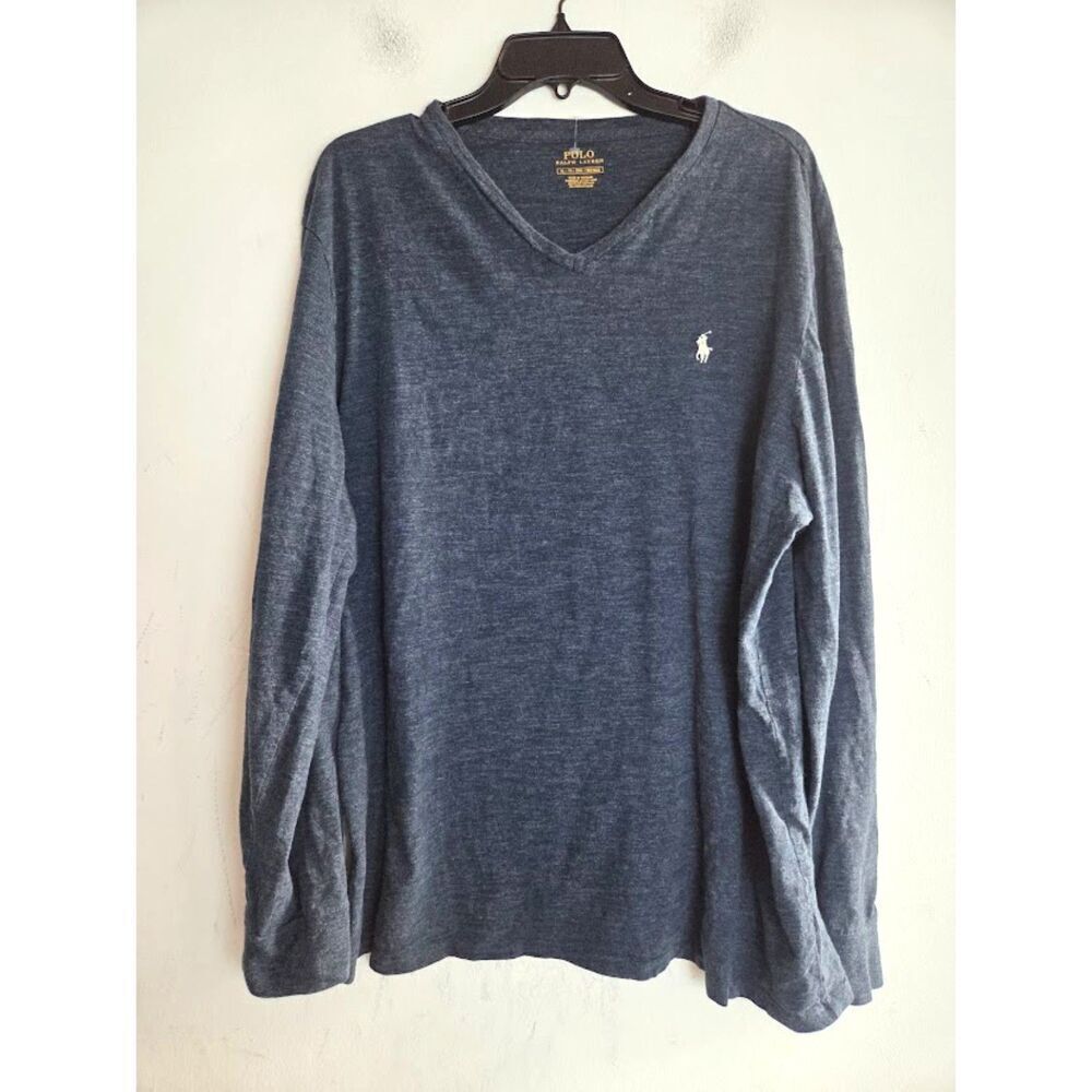 Polo Ralph Lauren Men Grey Blue V-Neck 100% Cotton Long Sleeve Shirt size XL